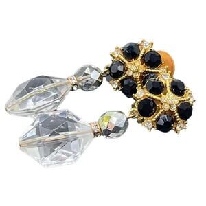 Eileen Fulton Vintage Black and Clear Crystal Clip on Earrings